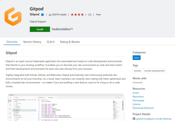 Gitpod-VS-Code-Erweiterung zur Synchronisation der Einstellungen (Bild: Kristof Zerbe)